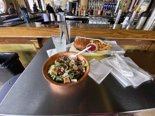 Chicken Salad with a House Cheeseburger and a Cocktail (Deep Eddy Lemon w/ Sprite)