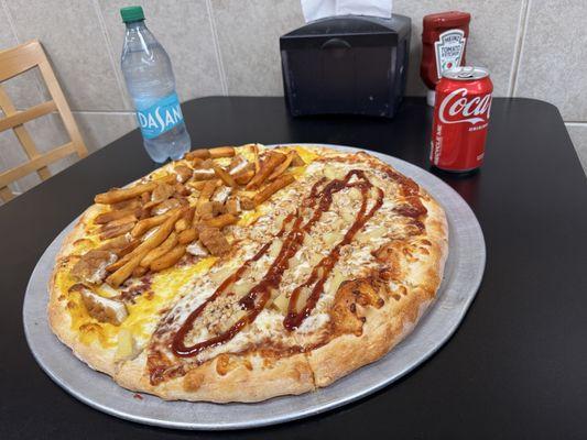 Boardwalk pizza (fries, chicken, bacon, mozzarella, cheddar) and BBQ chicken pizza with pineapple.