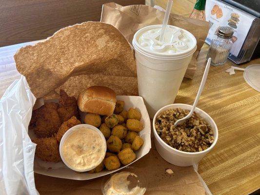 3piece Catfish, fried okra, Rice Dressing, fresh roll&lemonade