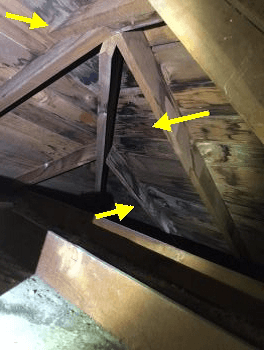 Attic spaced sheathing evidence of current leakage.