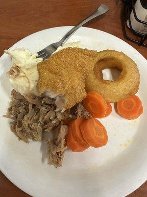 Smoked Pulled Pork, Steamed Carrots, Mashed Potatoes