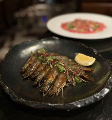 Saewoo Jang: Soy marinated prawns w/ garlic, jalapeño, lemon, sesame seeds (6 pc - $32)