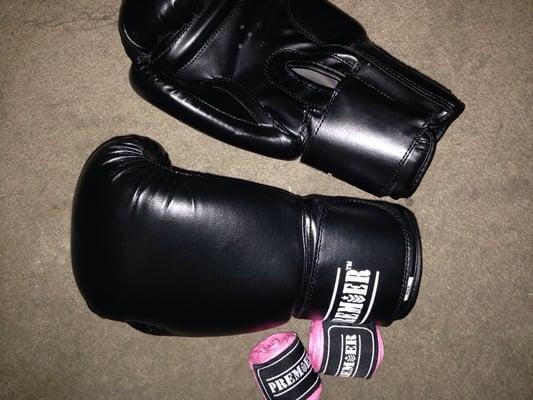 Free boxing gloves with GroupOn purchase. Pink hand wraps that I purchased.