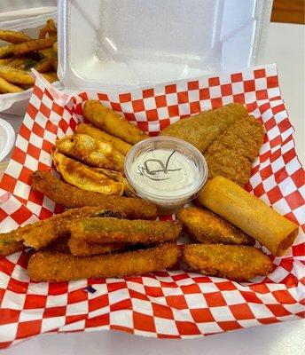 Appetizer Sampler. Comes with ranch. No extra sauce given for eggroll, potstickers, chicken strips, or mozzarella sticks.