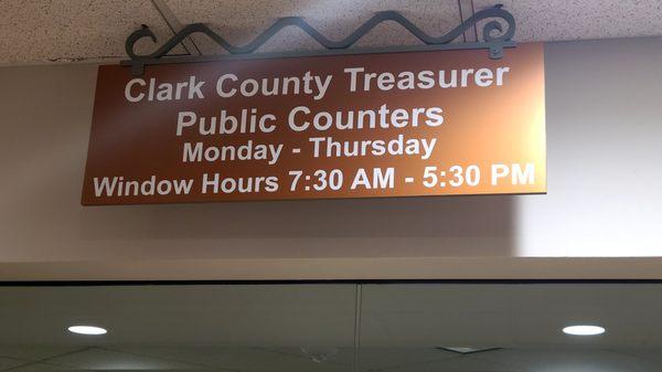 D' Hours 730 -530 Clark County treasurer public counter hours Wednesday October 12th 2022