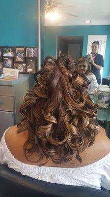 Add extensions with curls and set updo for wedding