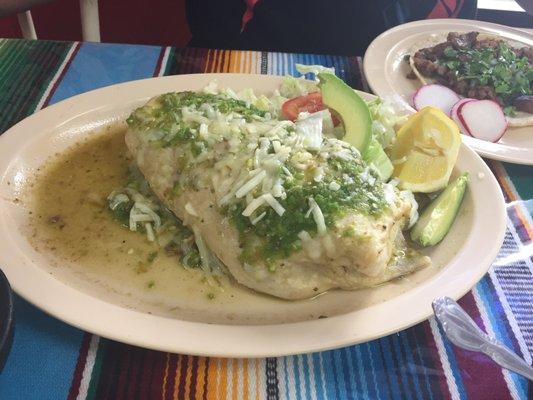 Wet burrito with green salsa