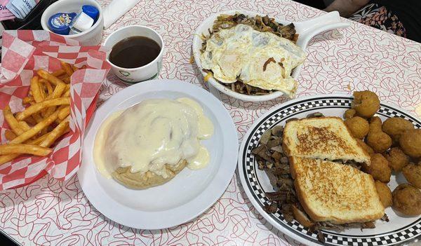 Fries, Cinnamon Roll, French Onion dip and Sunrise Skillet.