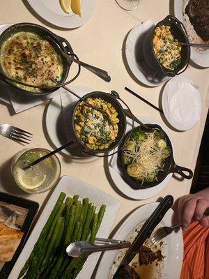 Street corn, mac n cheese, asparagus, Brussel sprouts.