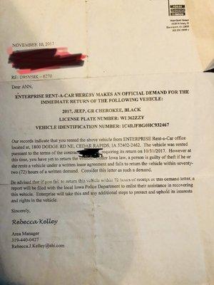 This is the letter from Rebecca Kelley the Area manager or aka the Debt Collector.