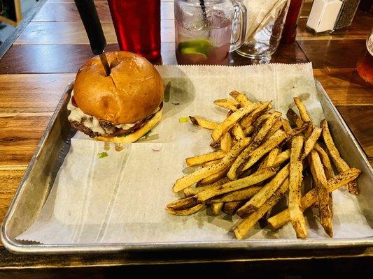 Burger and fries. Love the presentation