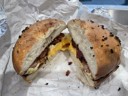 Bacon, egg and cheese on a garlic toasted bagel