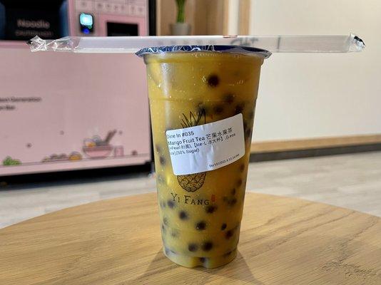 Mango fruit tea, 50% sugar, less ice, plus boba