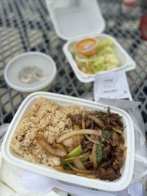 Beef mongolian and veggies with fried rice