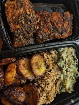 Callaloo, plantains, rice and peas. Salmon order