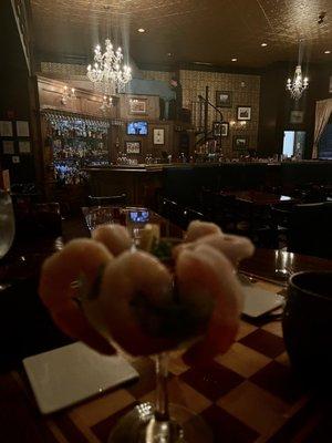 Pianist up top playing and our appetizer of delicious shrimp cocktail