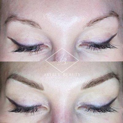 Microbladed brows, before and after, immediately after first session