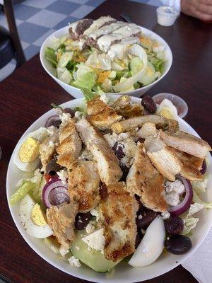 Greek salad with chicken and hamburger salad