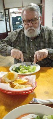 William enjoying his Salad & Bread!  We love this place!!