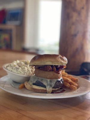 The Western Burger with fries and loaded baked potato salad!