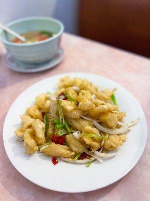 Egg and tomato soup, salt and pepper squid