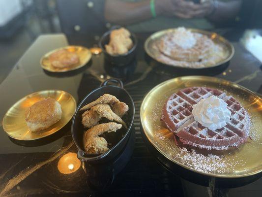 red velvet and Cinnamon Roll waffle which