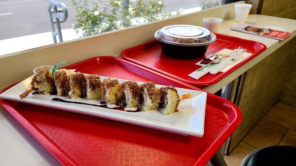 Crunch roll and my chicken bowl.