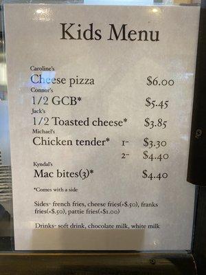 Kid's menu as of August 2022