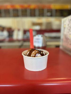 Blueberry Cheesecake Ice Cream with Hot Fudge