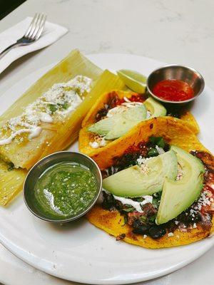 sweet corn tamale + veggie tacos