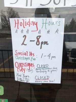 Wah wah. Not open. Holiday hours