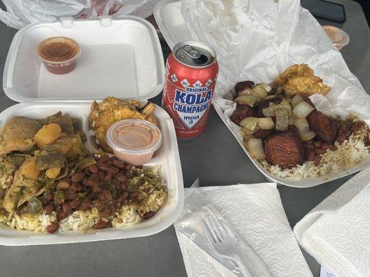 Left: Pollo Guisado, Rice and Beans, Tostones. Right: Carne Fritas, Rice and Beans, Tostones.