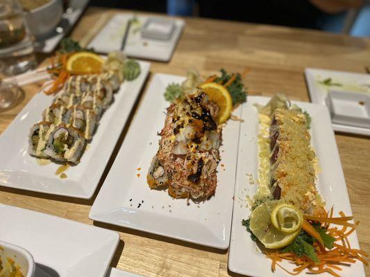 Shrimp tempura, volcano roll and crunchy tuna roll