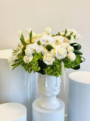 Green Hydrangia With White Roses Orchids White Tulips