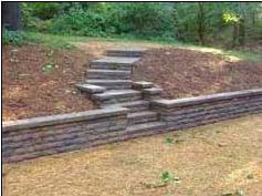 Landscaping includes retaining walls and pathways.