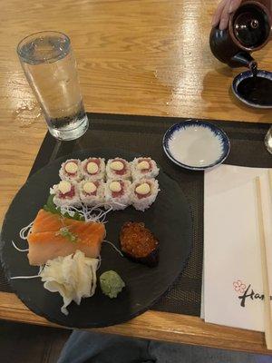 Truffle tuna roll, smoked salmon sashimi, ikura sushi