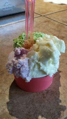 Blueberry cheesecake, pistachio, and lemon cookie gelati.