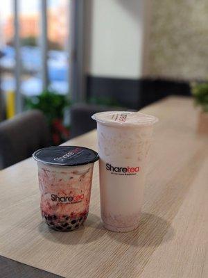 Strawberry fresh milk and handmade taro with fresh milk