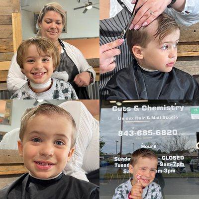 He loves it here & I love how she cuts the whole Family's hair!