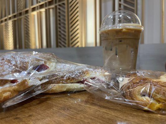 Strawberry creme croissants, ham & cheese pastry, barista freestyle coffee. I asked for something strong but sweet, she nailed it!