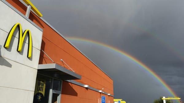 I don't eat at McDonald's. I dropped my duckie off at work and saw the perfect photo op I couldn't pass up :-) Double Rainbow!!