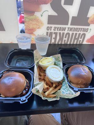 Spicy Korea sandwich on left and right is garlic  chicken Parmesan.