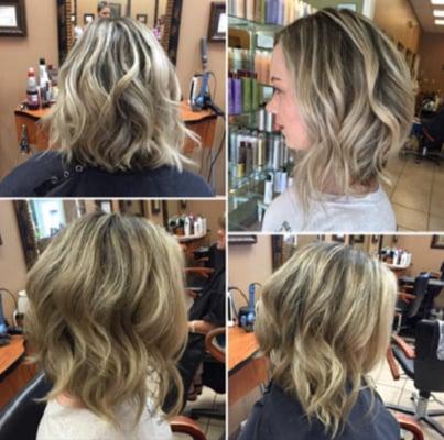 Hair cut, color, and style.