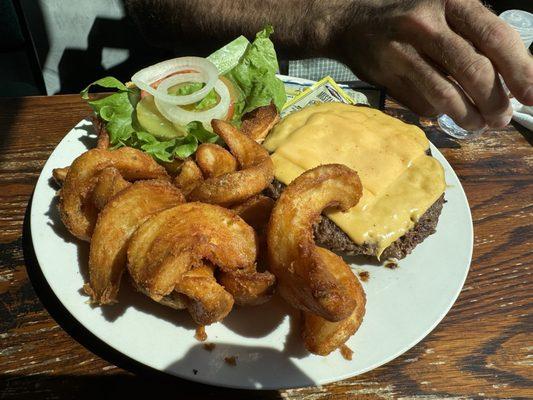 Half pound cheeseburger (they serve it open face so you can add your condiments before closing the bun) and fries.