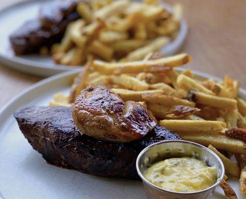 8 oz. Hanger Steak w/ french fries, bearnaise sauce | $29+$15 seared foie gras