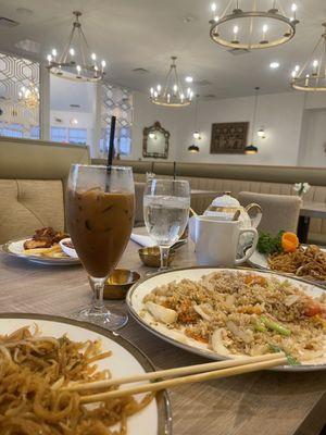 Thai iced coffee with milk, chicken pad Thai, chicken Thai fried rice