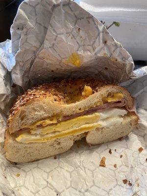 Ham, egg & cheese on an everything bagel