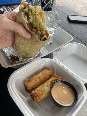 Asada (Steak) Big Burrito & Buffalo Chicken Cheese Rolls (stuffed with cream cheese)