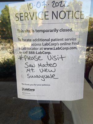 Notice today at LabCorp Redwood City at 2:05 PM.