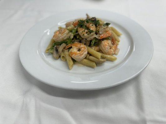 Artisan Made shrimp Penne Pasta with white wine sauce.